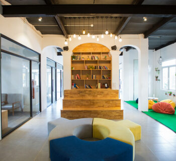 Cozy lobby with bookshelf